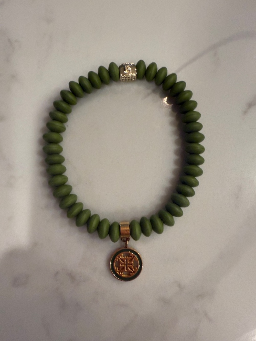 Olive Green Beaded Charm Bracelet - Rustic Cuff